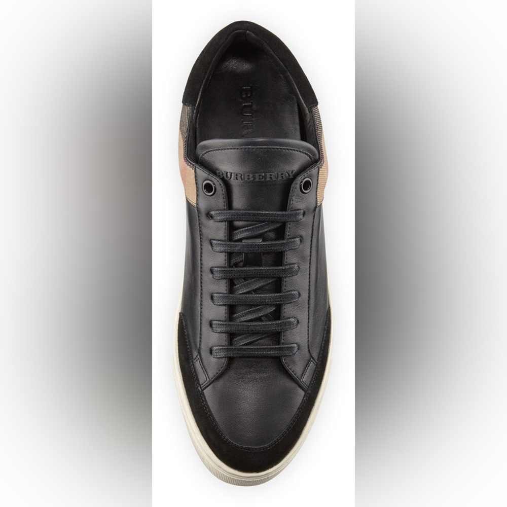 Burberry Black Low-Top Sneakers with Tan Stripe and Leather Finish